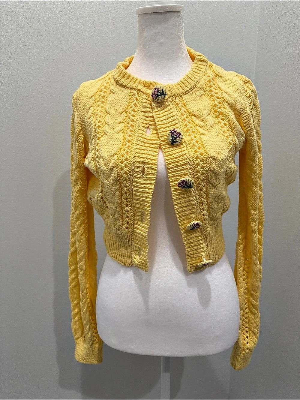 freshman 1998 Cable Knit Cropped Cardigan in Yellow Size XS